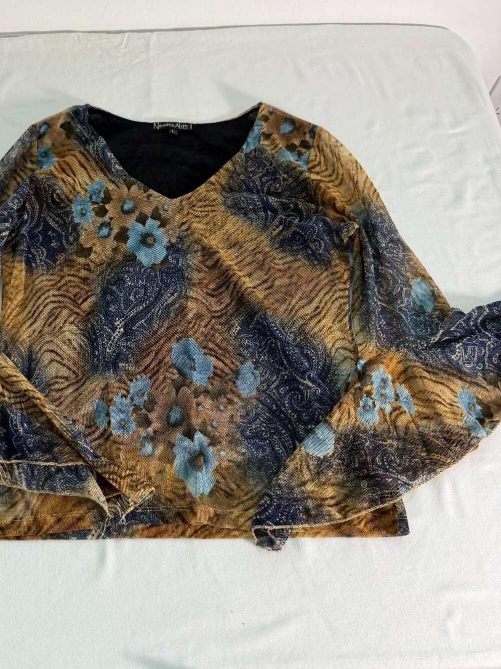 Jessica Max Sheer Mesh Top Women’s Large Paisley Floral Bell Sleeve Y2K Boho